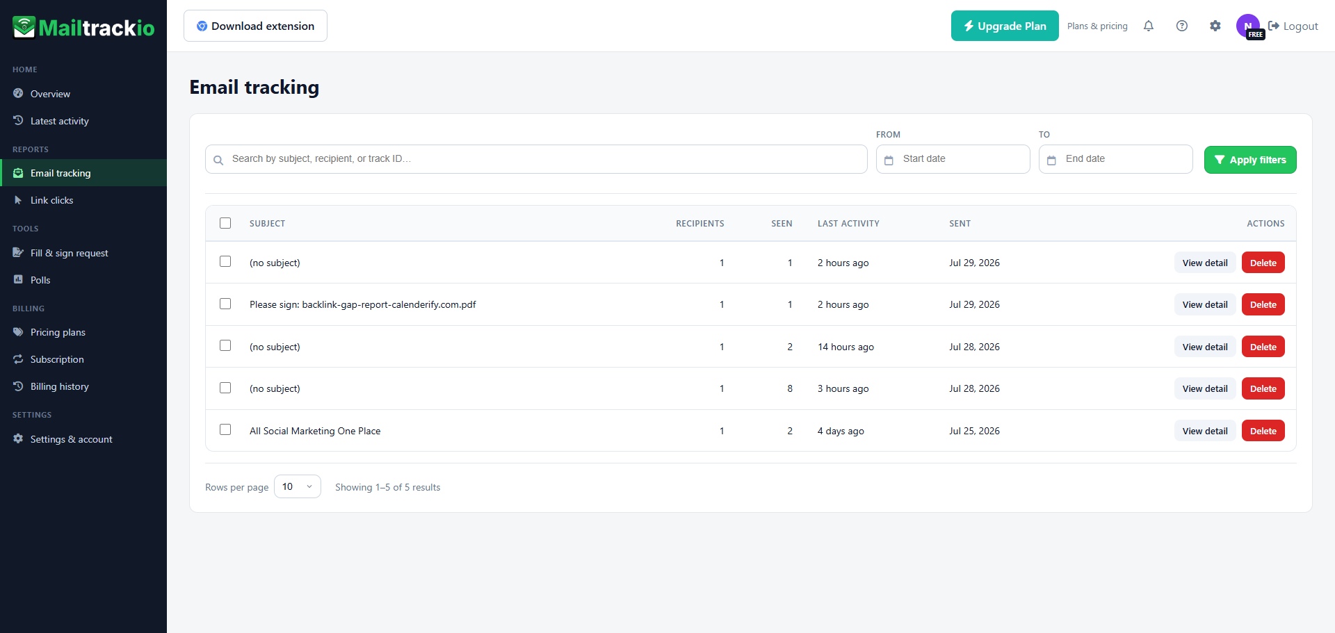 Mailtrackio email tracking records