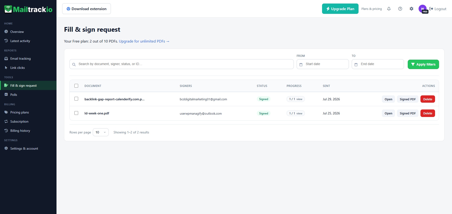 Mailtrackio fill and sign request dashboard