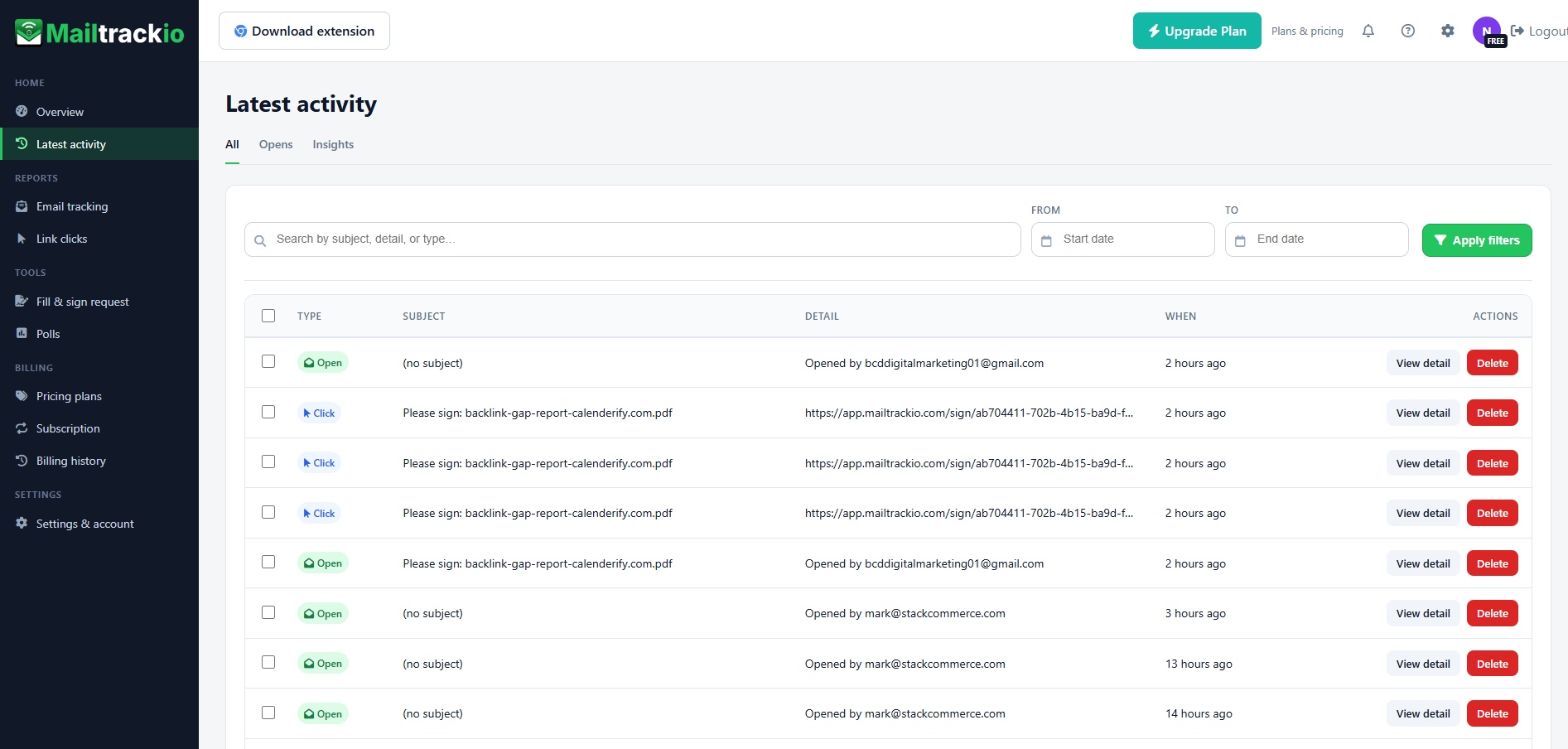 Mailtrackio latest activity timeline