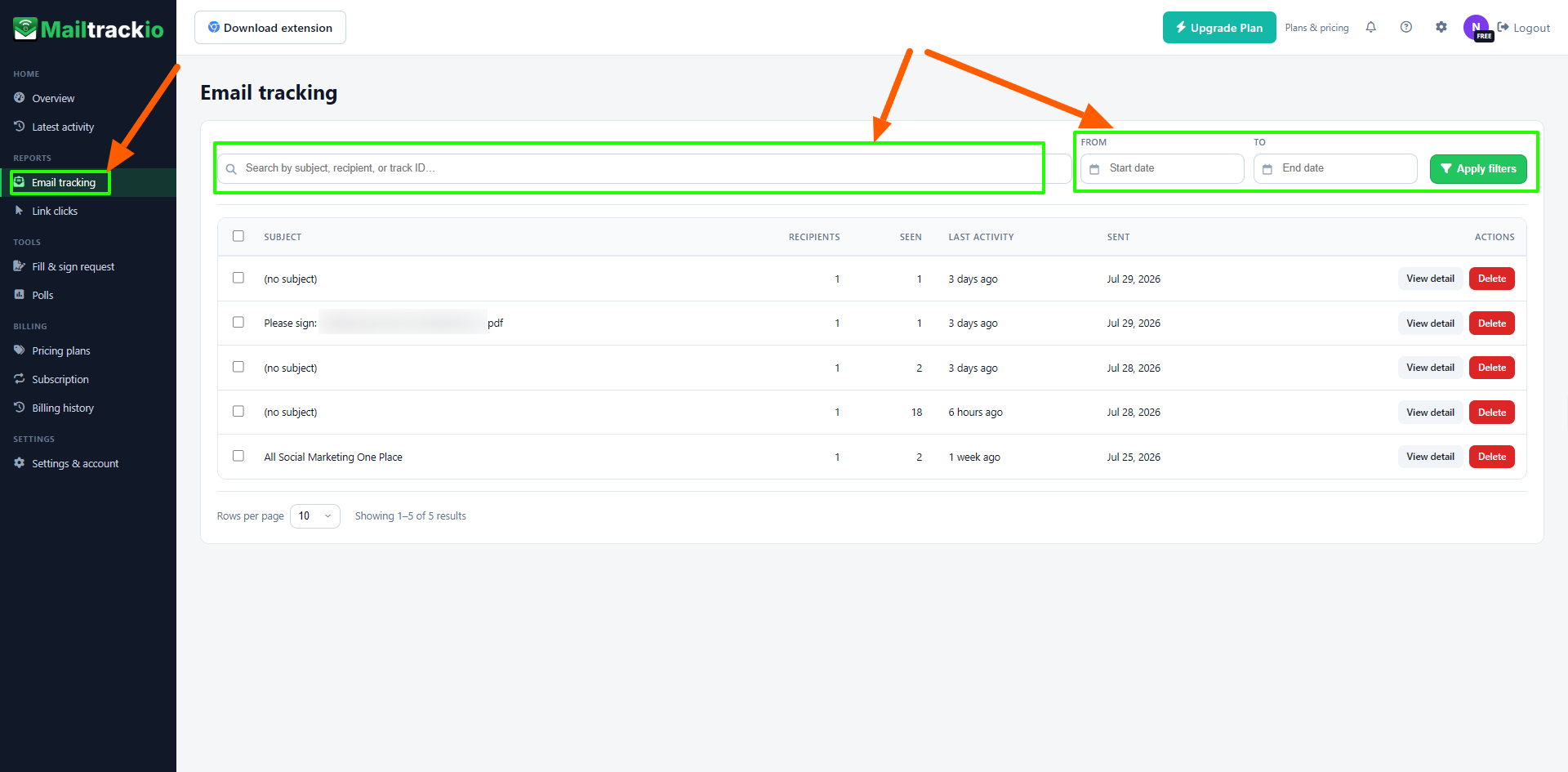 Choose Email Tracking in Mailtrackio reports