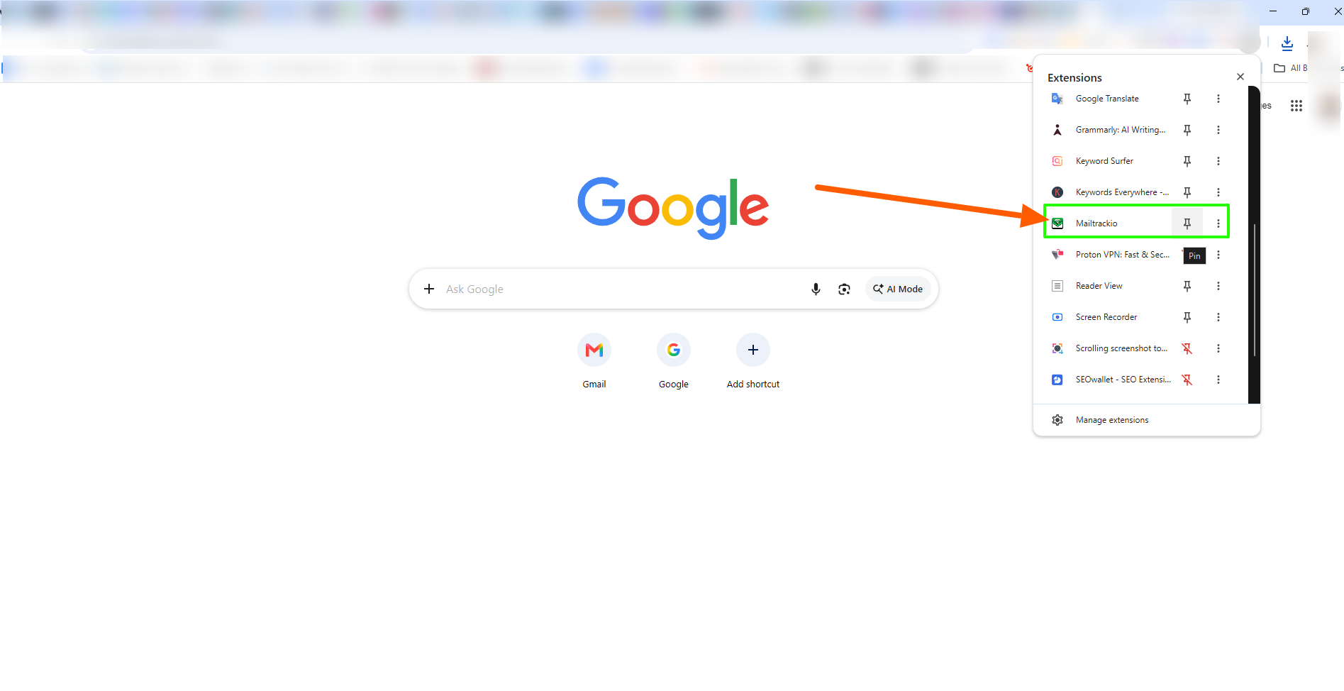 Mailtrackio Chrome extension version 2 screen