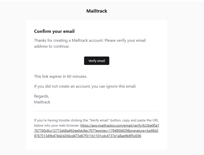 Mailtrackio verify email address screen